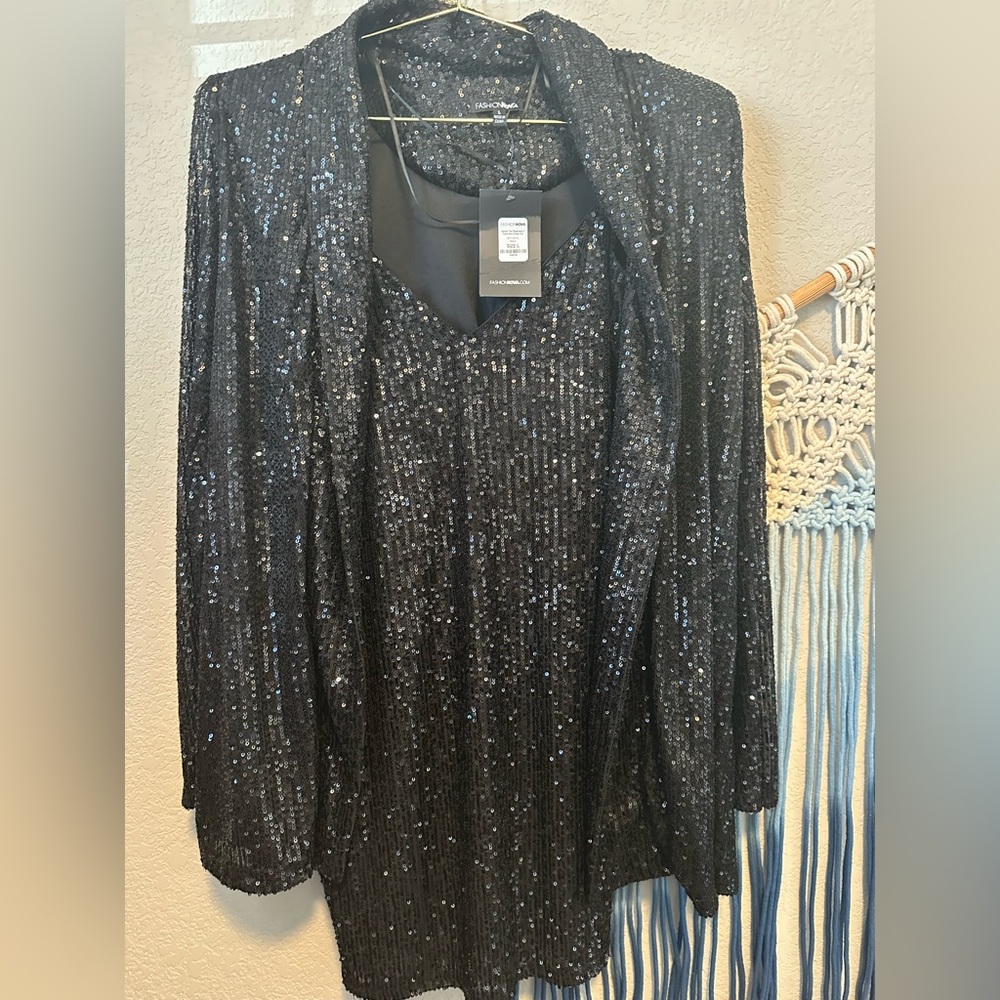 Two pieces set of dress and blazer sequin